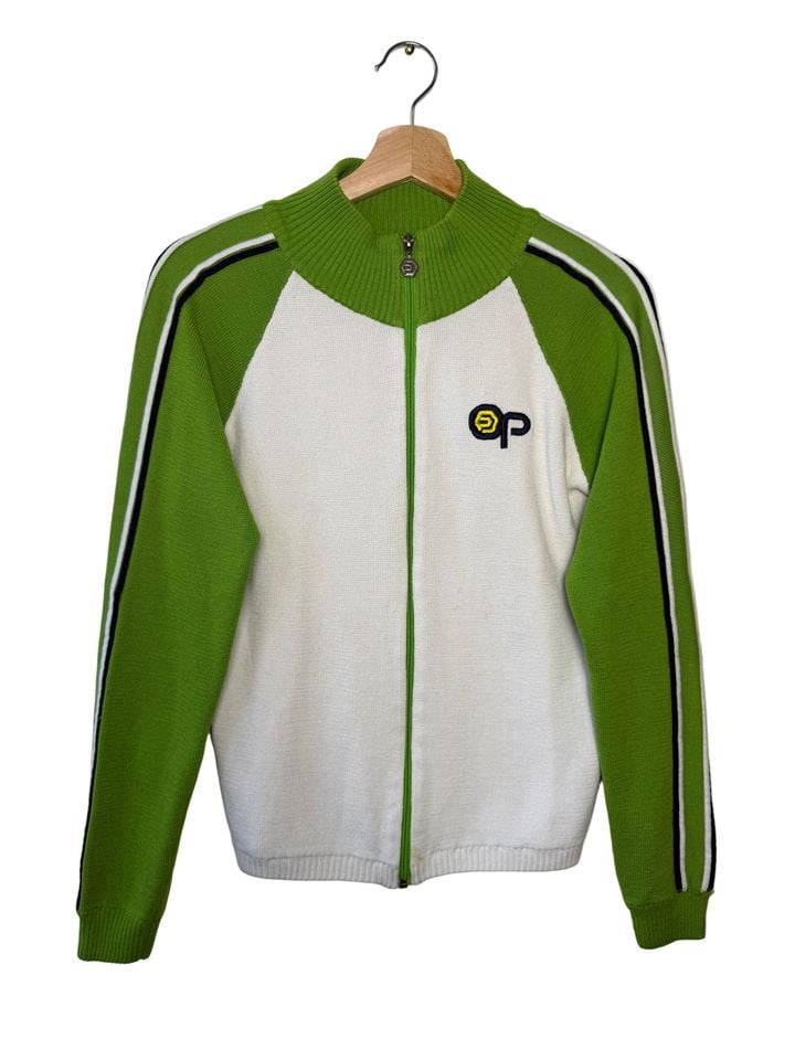 Y2K Op Women's Green & White Striped Zip-Up Sweater