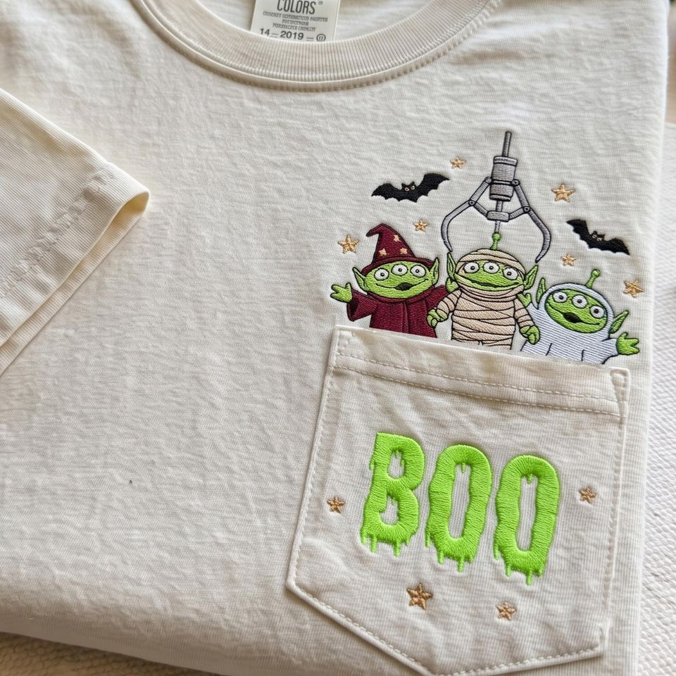 Embroidered Comfort Colors Halloween Pocket Tee, Alien Boo Shirt, Cute Halloween Alien Tee, Ghost Pocket Shirt, Fall Graphic Tee, Fall Gift