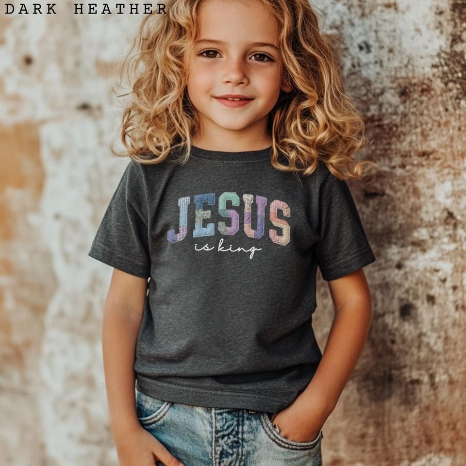 Youth Jesus Is King Girly Patchwork T-Shirt: Trendy Kids Christian Tee For Girls, Cute Religious Gifts For Daughter, Youth Group Church Tee