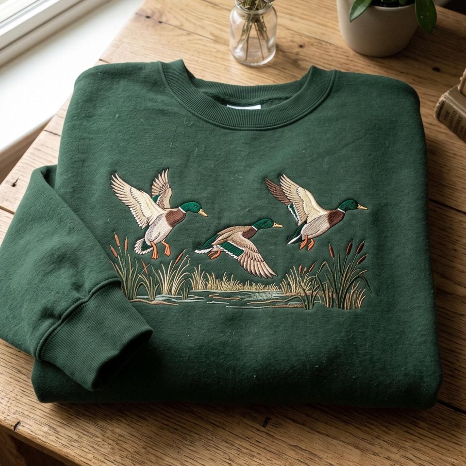 Embroidered Mallard Ducks Sweatshirt, 90s Nature Wildlife Pullover