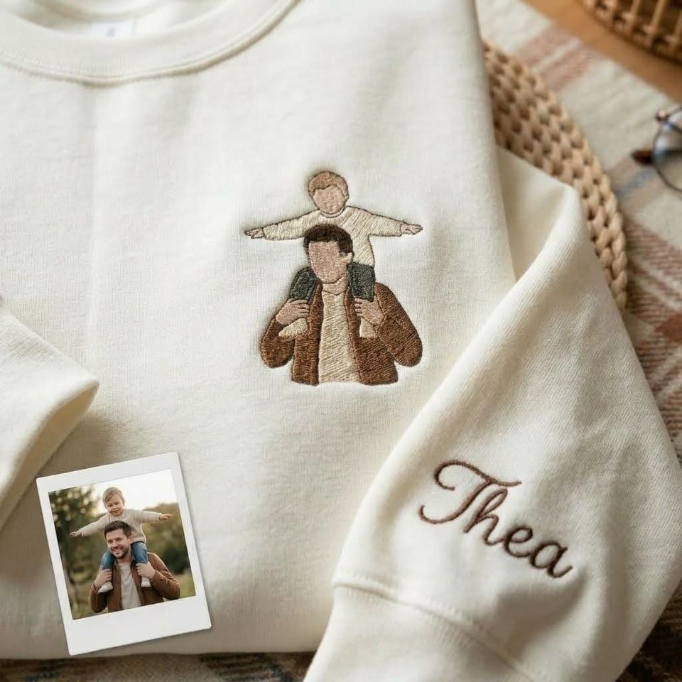 Embroidered Dad Photo Portrait Sweatshirt, Personalized Gift from Photo, Custom Fathers Day Crewneck, Father’s Day Gift