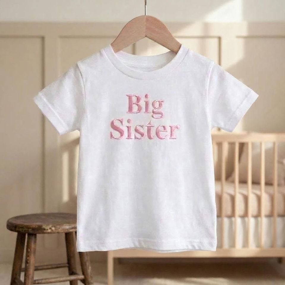 Embroidered Big Sister T-shirt: White Cotton Top