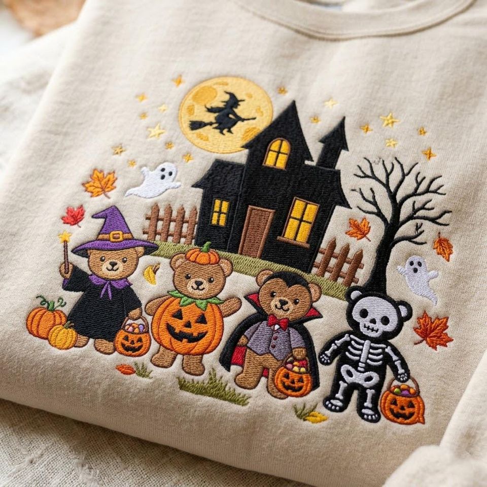 Embroidered Bears Halloween Sweatshirt, Vintage 90s Trick or Treat Crewneck, Haunted House Shirt, Pumpkin Lover Gift