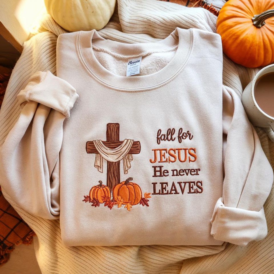 Embroidered Christian Sweatshirt, Fall for Jesus, Autumn Cross & Pumpkins