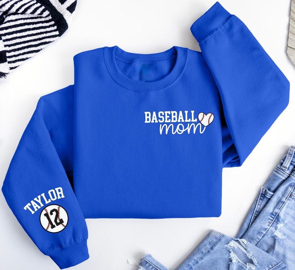 Personalize Baseball Mom Kids Name On Sleeve Sweatshirt, Mom Baseball Sweater, Baseball Mama Shirt, Gift for Baseball Mom, Baseball Season