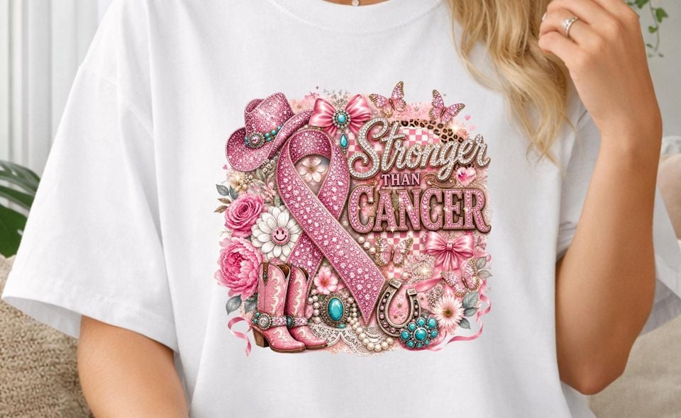 Stronger Than Cancer Shirt Breast Cancer Awareness Shirt Pink Ribbon T Shirt Western Cowgirl Crewneck Survivor Gift Faux Rhinestone