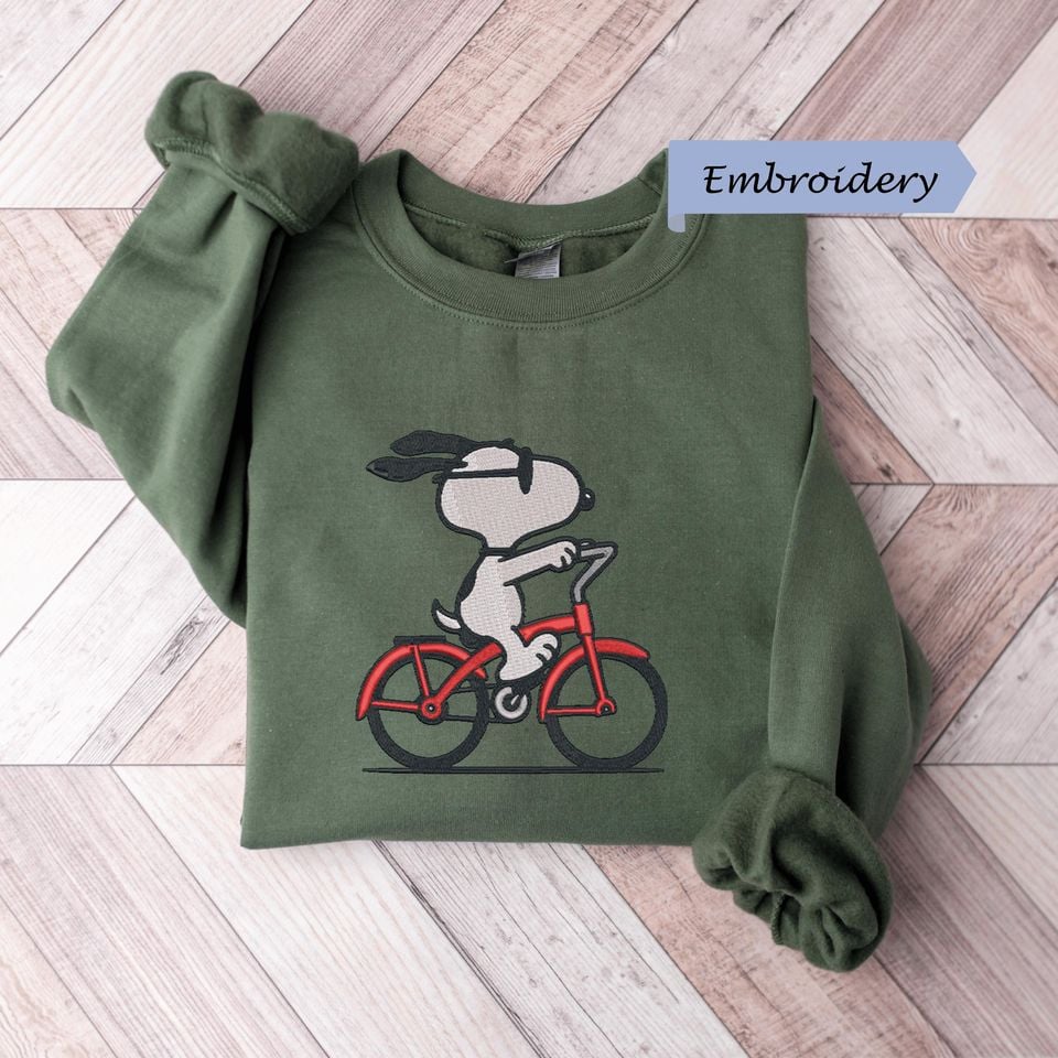 Embroidered Red Bicycle Dog Sweatshirt, Beagle Cycling Hoodie, Gildan Dog Lover Gift, Vintage Cartoon Pet Pullover, Cozy Crewneck