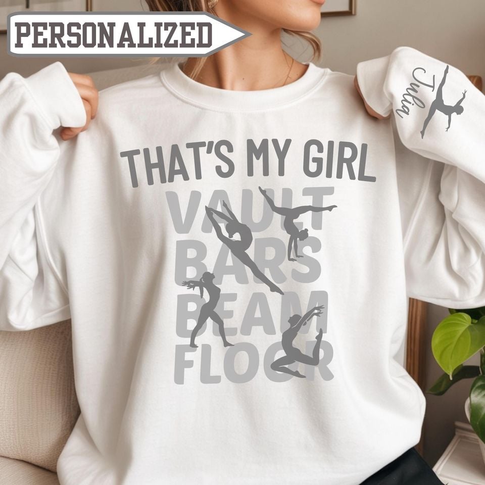 Custom Gymnastics Mom Sweatshirt,Personalized Sweater with Daughter Name on Sleeve,Proud Gymnastics Mom Gift