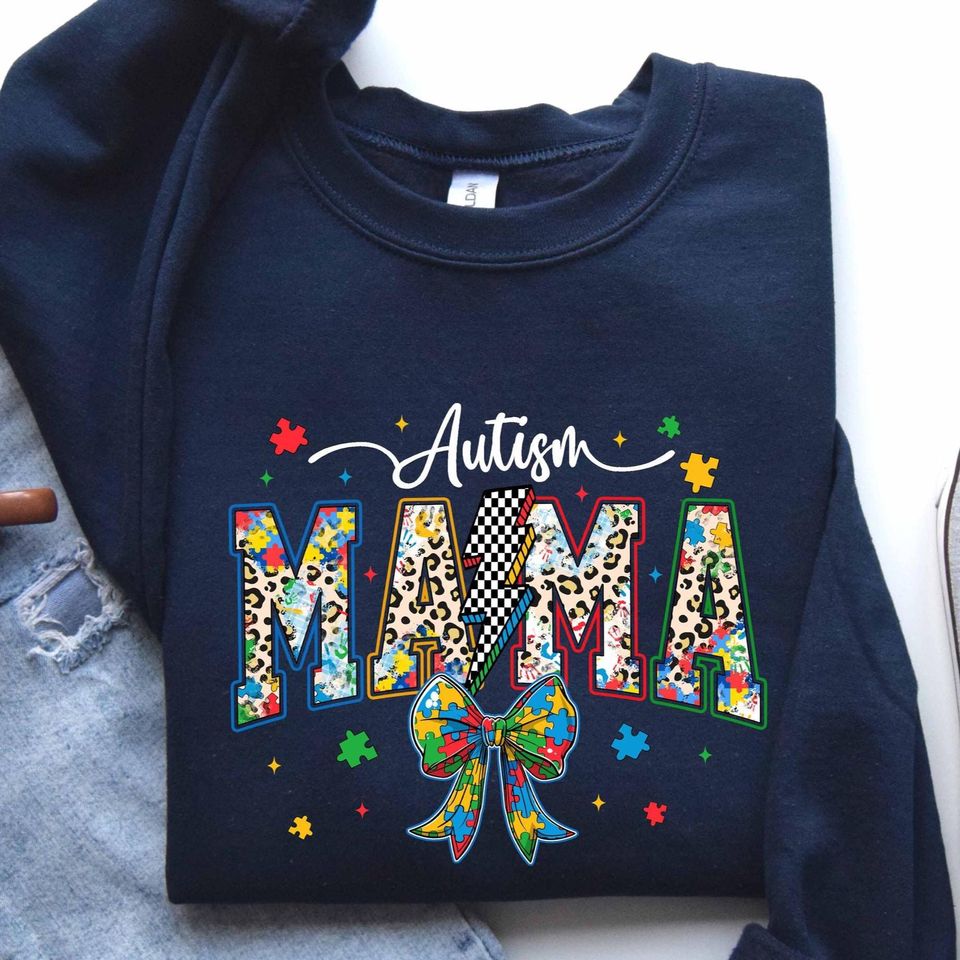 Autism Mama Shirt, Puzzle Piece Bow Sweatshirt, Autism Awareness Day Gift for Mom, Neurodiversity Support Tee, Proud Autism Mama Shirt