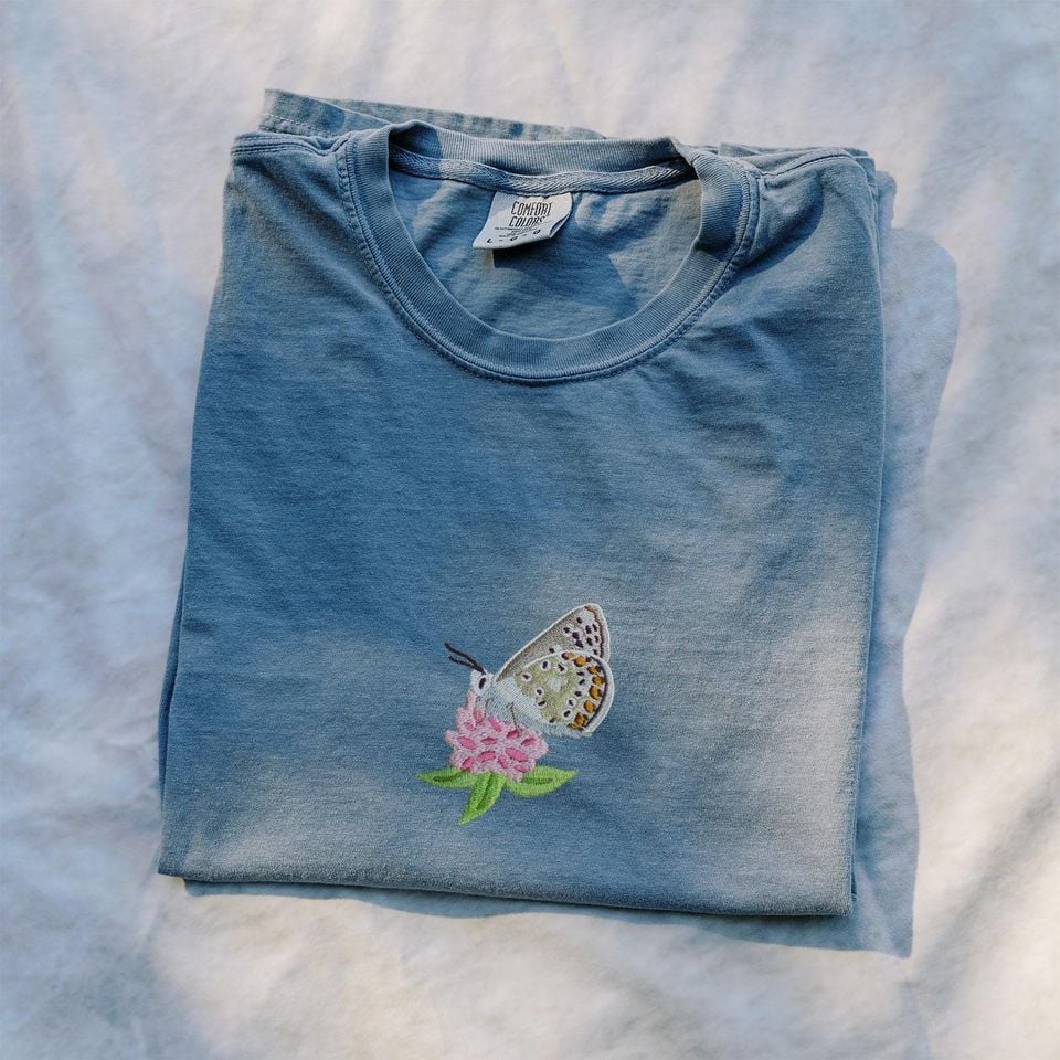 Embroidered Brown Argus Butterfly Comfort Colors T-Shirt