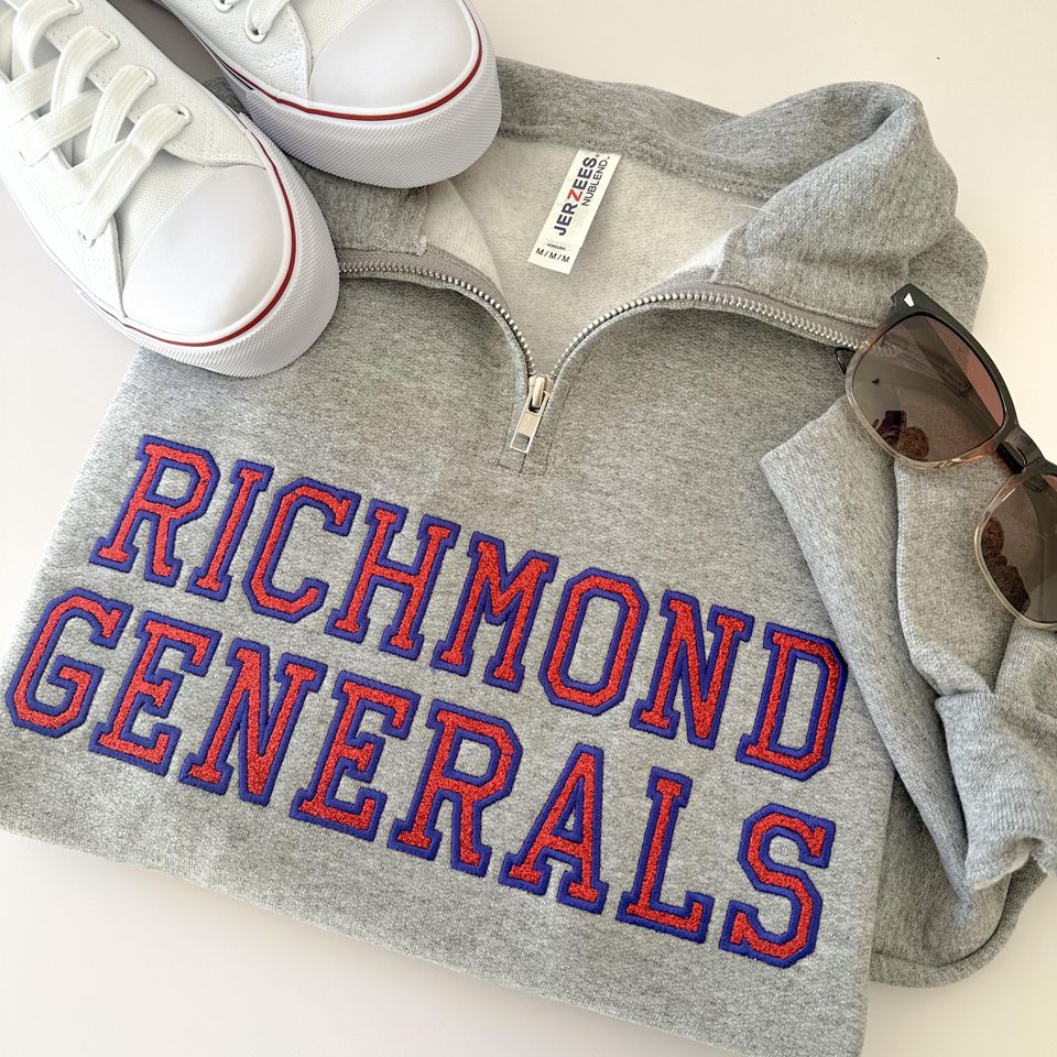 Custom Embroidered Glitter Varsity Quarter Zip Sweatshirt - Personalized Text - Mama - School Spirt Wear - Block Letter - Jerzees