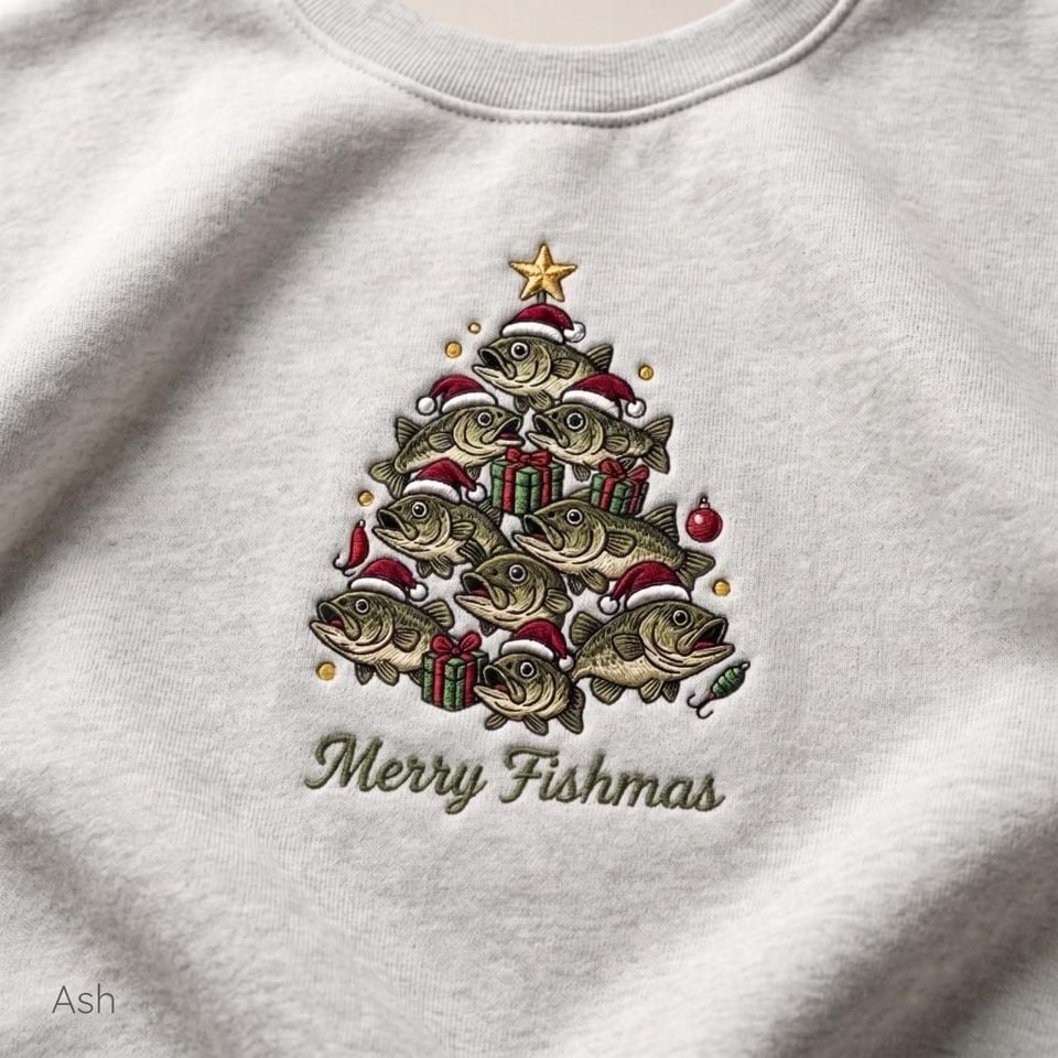 Embroidered Merry Fishmas Bass Fishing Christmas Tree Sweatshirt