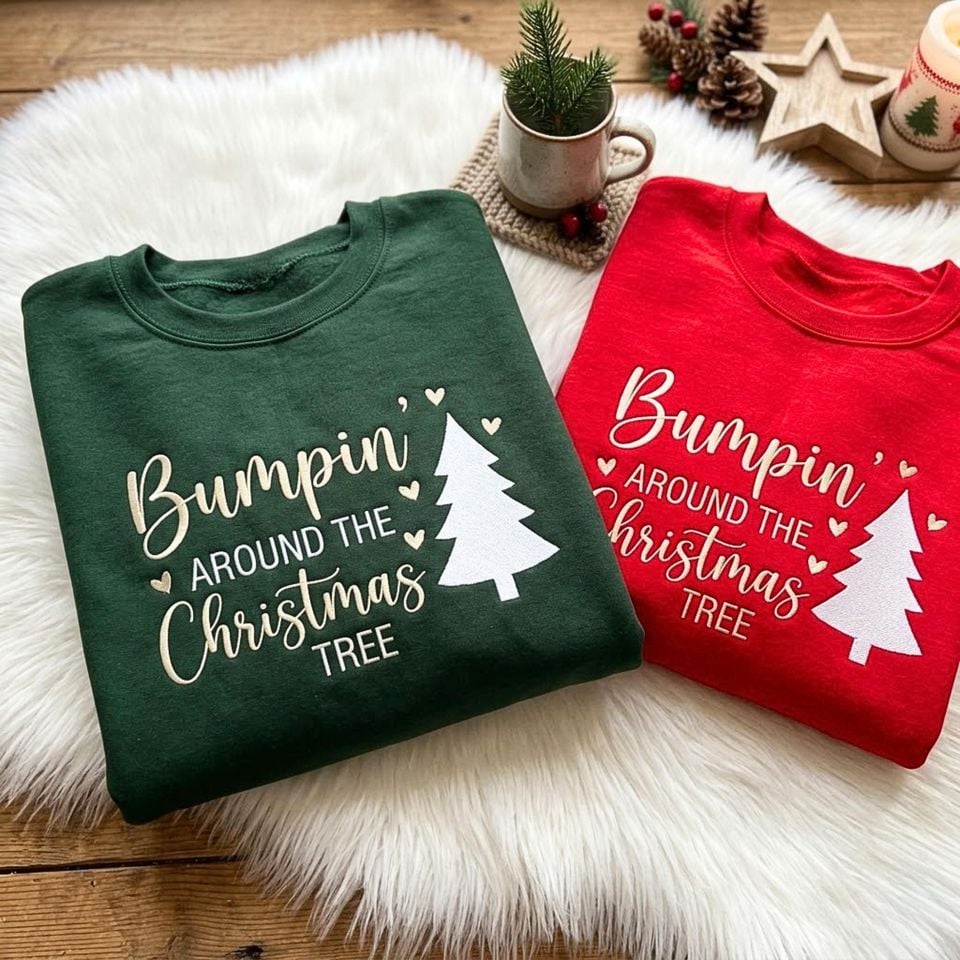 Embroidered Bumpin' Around The Christmas Tree Maternity Sweatshirt, Pregnancy Funny Holiday Baby Announcement Sweater