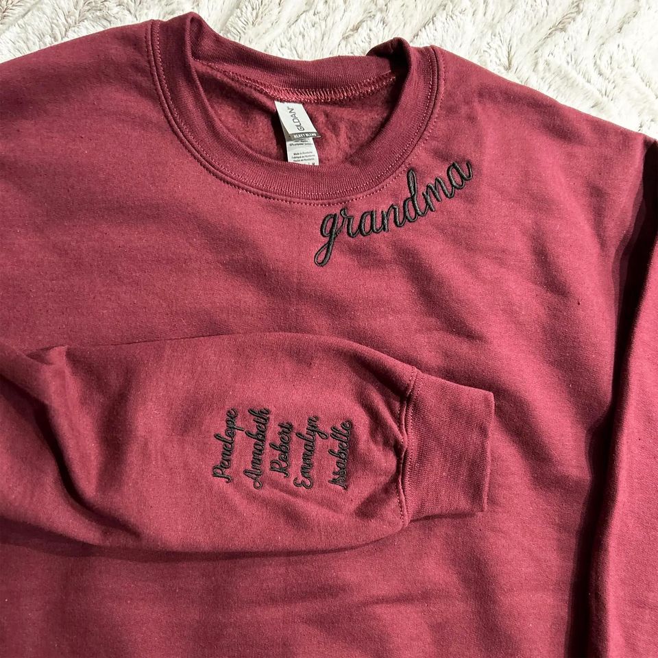 Custom Embroidered Grandma Sweatshirt on Collar: Personalized Grandkids Name, New Gigi Mimi Gift
