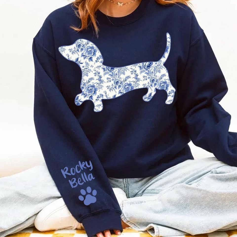 Custom Dachshund Mama Sweatshirt, Doxie Dog Mom Sweater, Blue Toile Wiener Shirt, Dog Mom Birthday Gift, Dog Lover Gift