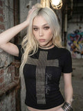 Heaven Sent" Rhinestone Cross T-Shirt - Gothic Studded Top, Y2K Grunge Aesthetic, Rockstar Girlfriend Style, Alt-Fashion Women's Black Tee