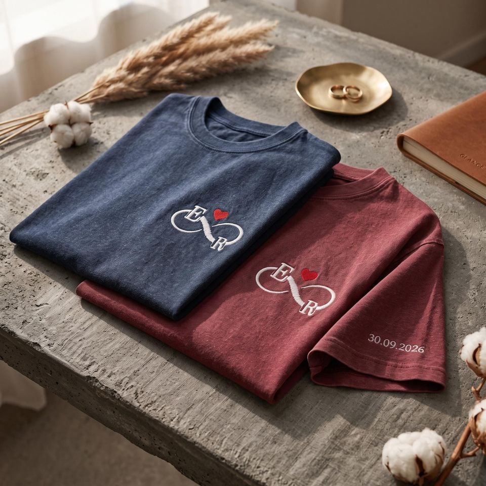 Personalized Couple Embroidered Wash Tee, Custom Initial Heart Shirt, Matching Couple T Shirt, Anniversary Gift, Wedding Gift