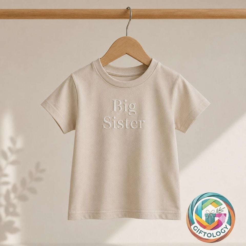 Embroidered Big Sister T-shirt: Natural Cotton Top