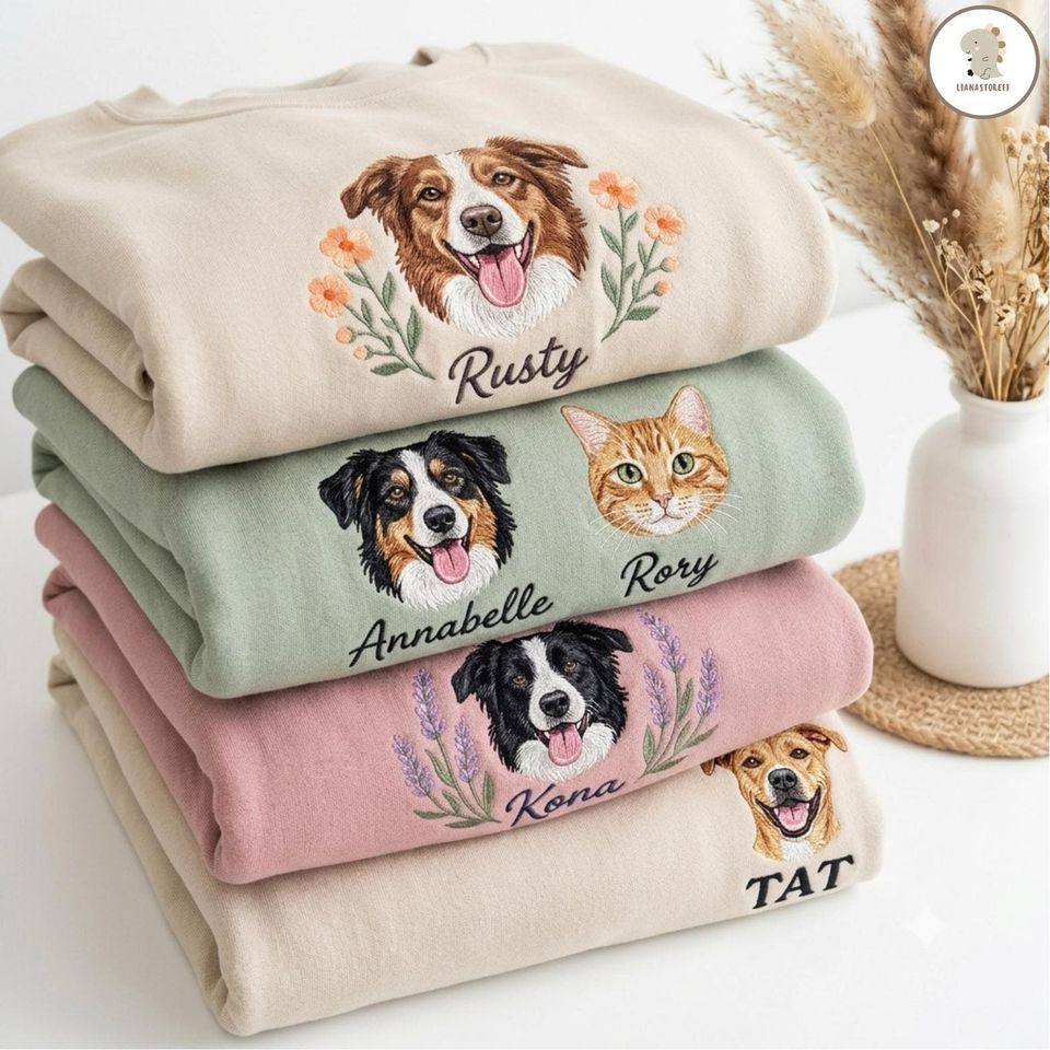 Custom Pet Portrait Embroidered Sweatshirt, Personalized Dog Face Crewneck, Cat Embroidery From Photo, Pet Lover Gift
