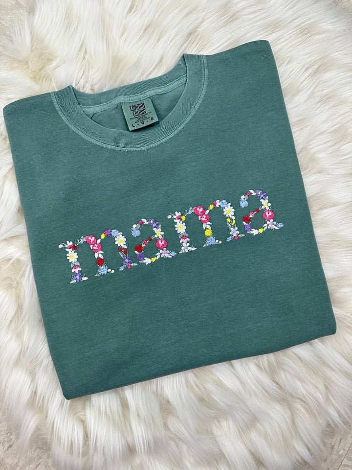 Comfort Colors Mama Multi Color Embroidered Floral Short Sleeve Shirt | Simple Mama Tee, Gift for Mom