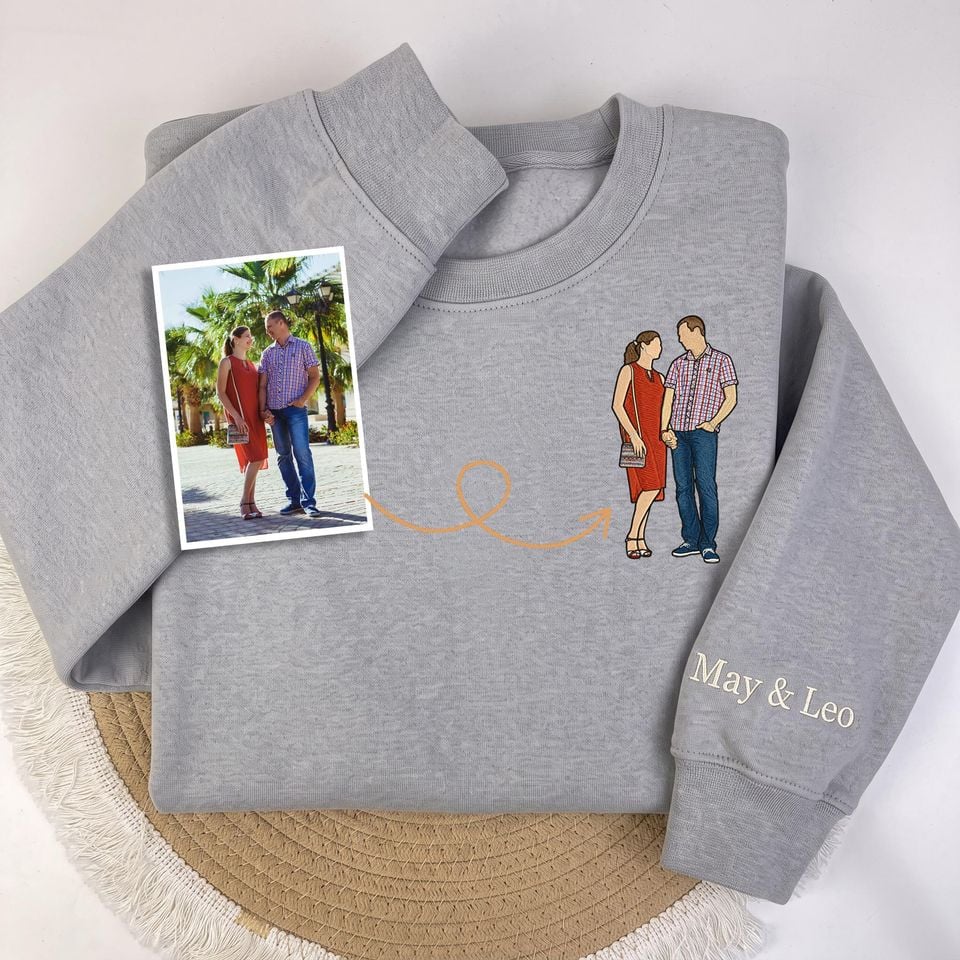 Custom Embroidered Couple Sweatshirt From Photo, Personalized Couple Portrait Sweatshirt, Matching Couples Gift, Anniversary Gift