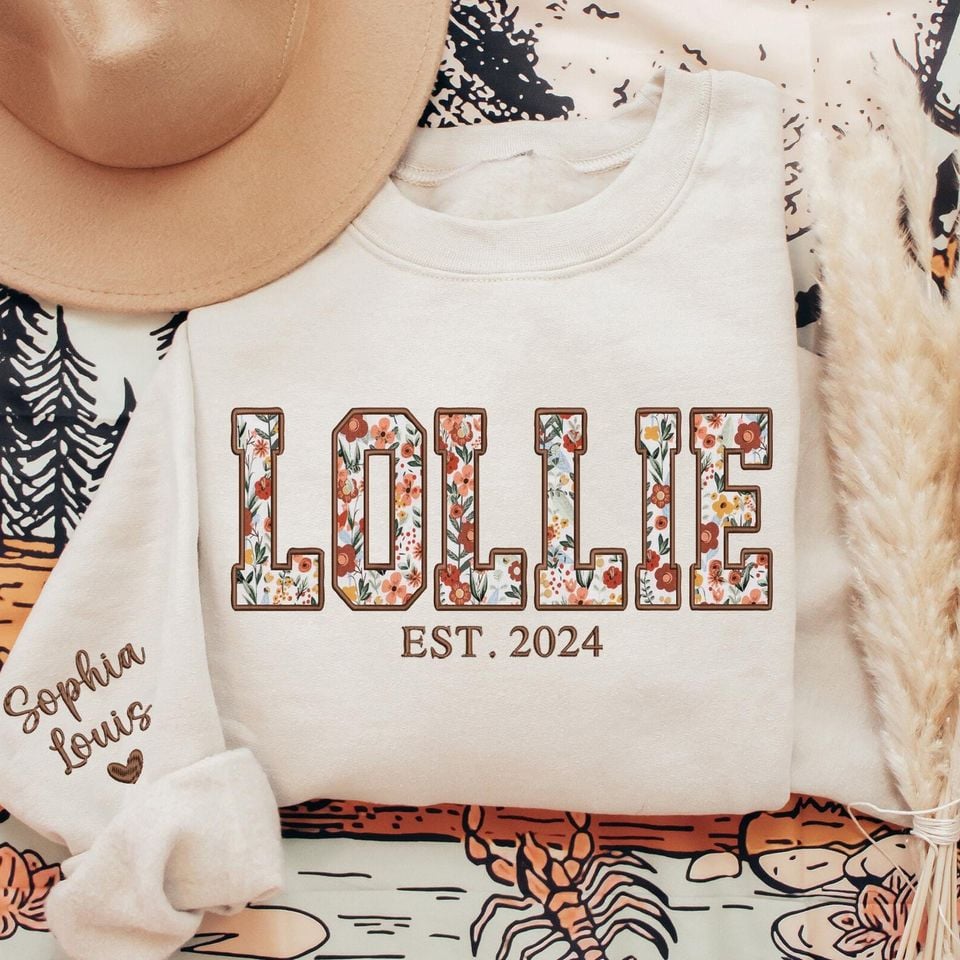 Custom Embroidered Lollie Sweatshirt, Lollie Floral Applique Sweatshirt, Lollie Sweater Kids on Sleeve, Personalized Gift for Lollie Grandma