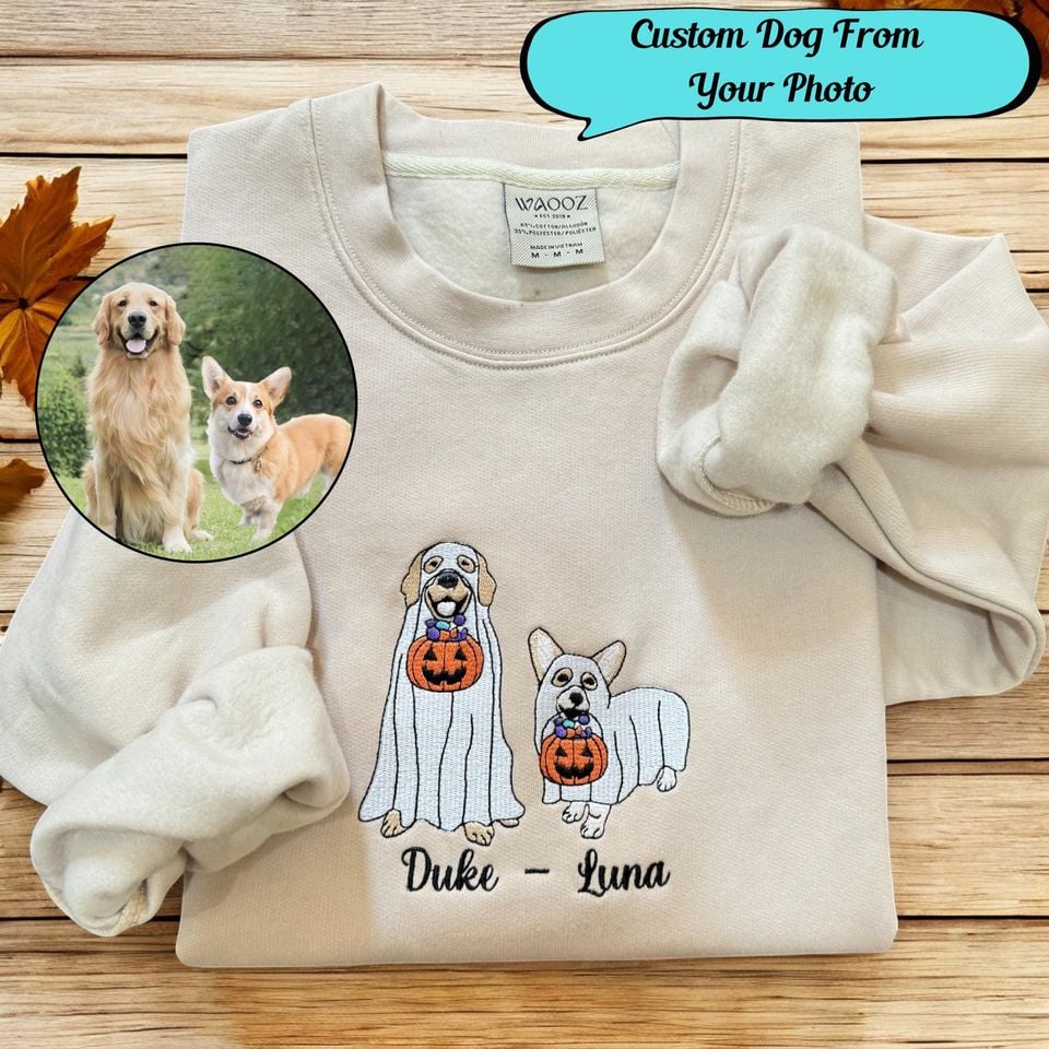 Embroidered Custom Dog Sweatshirt: Personalized Halloween Ghost Pet Crewneck