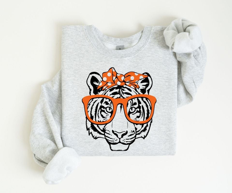 Preppy Tiger Shirt or Sweatshirt, Cute Tiger with Bow and Sunglasses Tee, Orange Black School Spirit Mascot Gift