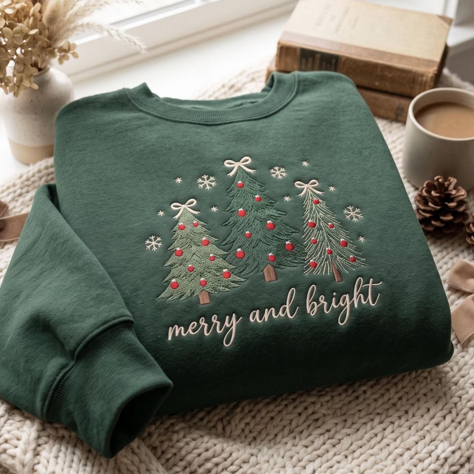 Embroidered Merry and Bright Christmas Tree Sweatshirt, Cozy Holiday Crewneck