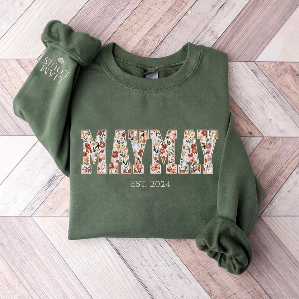 Personalized Embroidered Maymay Floral Applique Sweatshirt, Personalized Maymay Sweater, Maymay Hoodie, Gift for Nana Mimi Grandma Xmas 2024