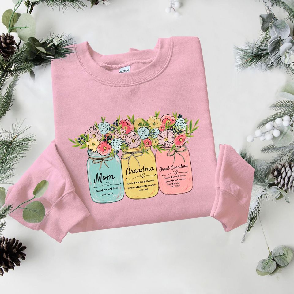 Customized Est Grandma Sweatshirt, Personalized Great Grandma Sweatshirt Mason Jar Art Gift, Custom Grandkid names Grandma Sweatshirt Hoodie