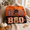 Embroidered Custom BOO Dog Applique Sweatshirt, Personalized Dog Halloween Crewneck, Gingham Pumpkin Bow, Dog Lover Gift, Autumn Shirt