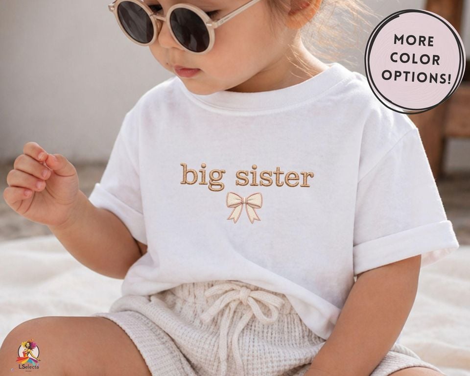 Big Sister Embroidered Effect Shirt Toddler Girl, Neutral Coquette Big Sis Tee, Pregnancy Announcement Outfit, New Sister Gift Shirt