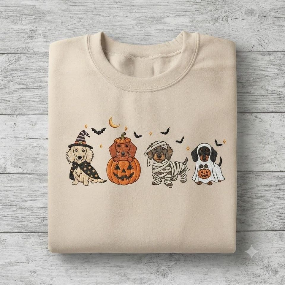 Halloween Dog Embroidered Sweatshirt, Cute Dachshund Halloween Shirt, Dog Mom Crewneck, Spooky Puppy Embroidery Sweatshirt, Dog Lover Gift