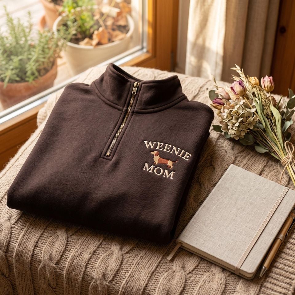 Embroidered Dachshund Mom Quarter Zip, Minimal Weenie Dog Sweater