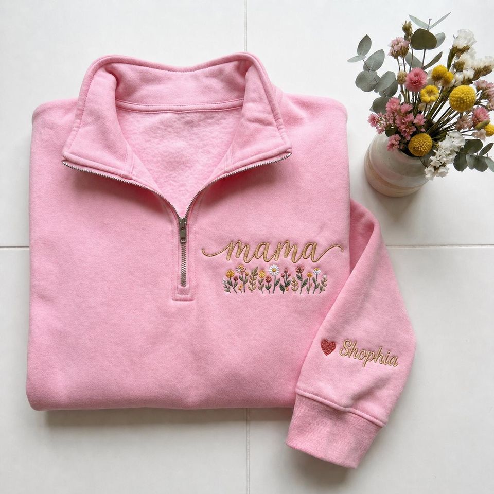 Personalized Mama Quarter Zip Sweatshirt, Custom Name Sleeve Embroidery, Mother’s Day Gift for Mom, Floral Mama Pullover