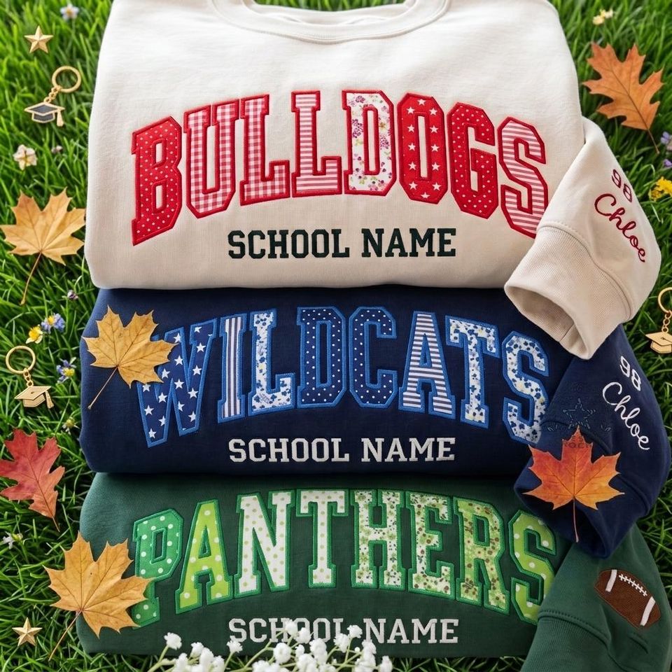 Personalized School Spirit Shirt, Custom Varsity Applique Sweatshirt, Gingham Floral Patchwork Tee, Game Day Crewneck, Back To School Gift