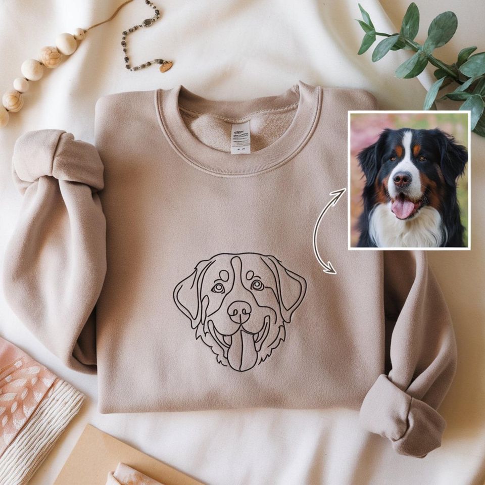 Custom Embroidered Dog Sweatshirt, Personalized Pet Portrait Crewneck