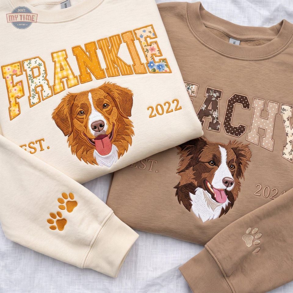 Custom Pet Portrait Applique Sweatshirt, Personalized Embroidered Crewneck, Patchwork Fabric Name Sweater, Dog Lover Memorial Gift