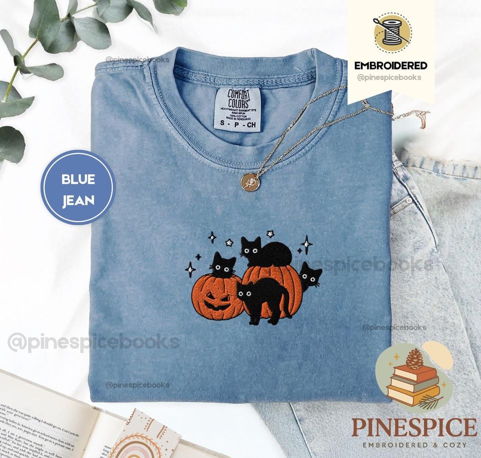 Halloween Cats Embroidered Comfort Colors 1717 Shirt