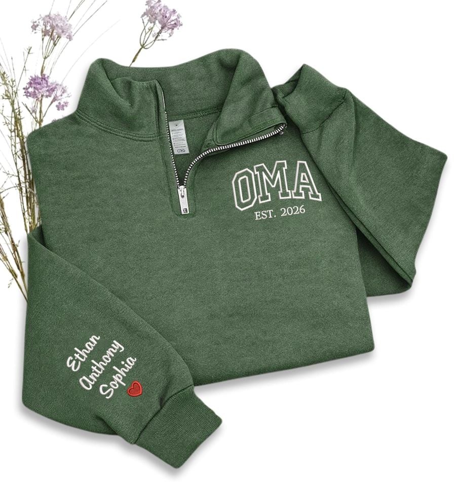 Custom Oma Sweatshirt, Personalized Embroidered Quarter Zip Oma EST Sweater, Christmas Gift For Grandma, Nana, Mimi, New Grandma Gifts
