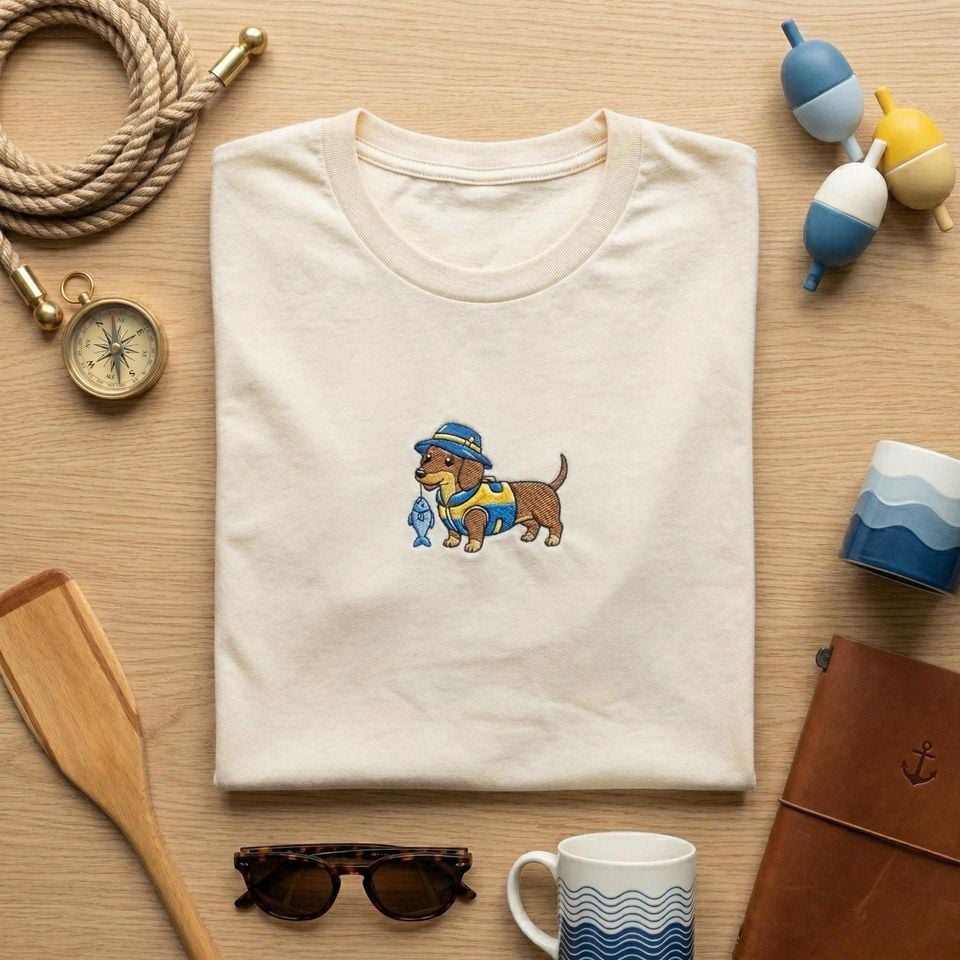 Embroidered Fishing Dachshund T-Shirt, Doxie Fisherman Tee, Angler Dog Shirt, Weiner Dog with Fish Shirt, Outdoorsy Dog Gift