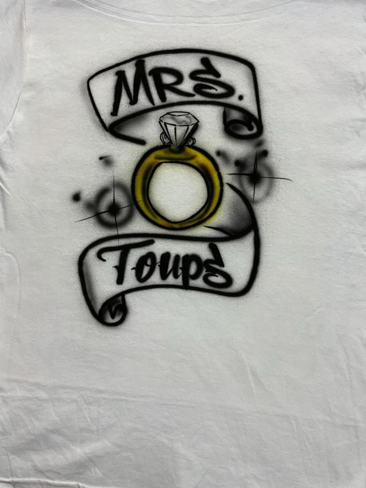 Bachelorette Airbrushed Bride T-Shirt — 'Mrs.' Chest Logo with Gold Ring, Hand-Airbrushed Sparkle Design