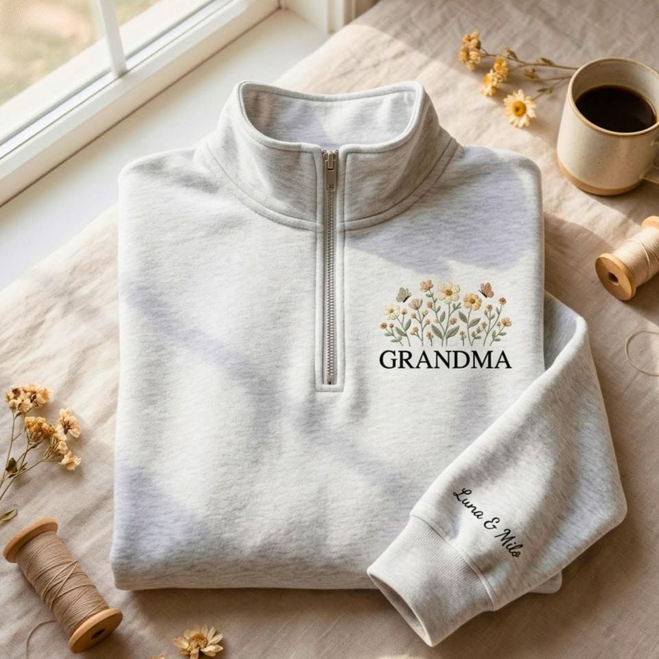 Custom Floral Embroidered Grandma Quarter Zip Sweatshirt: Wildflower Mom Gift