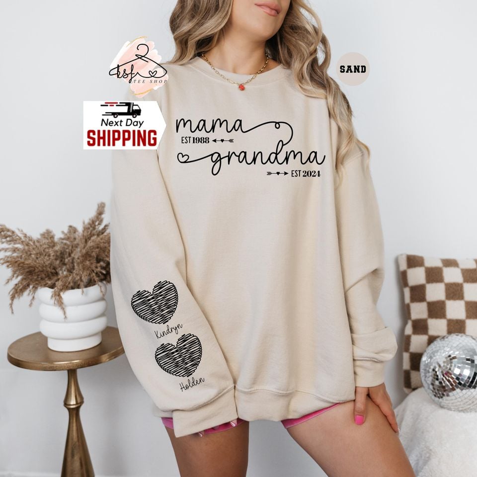 Custom Mom Grandma Est Year Sweatshirt: Names On Sleeve Hoodie, Mother's Day Gift
