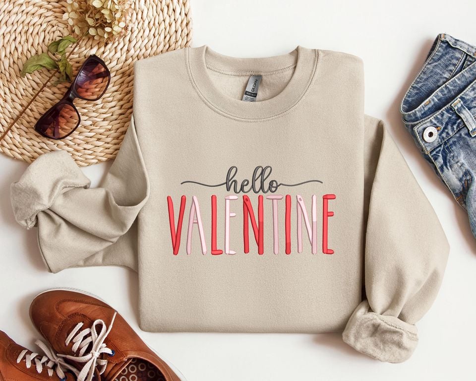 Embroidered Hello Valentine Sweatshirt, Cute Valentine Shirt, Love, Embroidered Valentines Day Shirt, Valentines Day Shirt, Valentines Tee