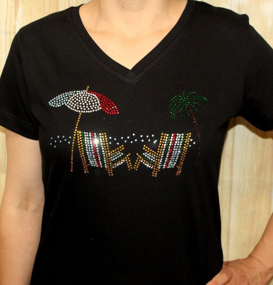 Rhinestone Vacation Beach Scene Beach Chairs Umbrella Palm Tree Bling Ladies Tee T-shirt