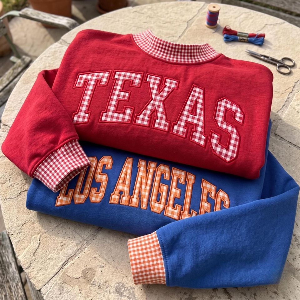Personalized Gingham Mock Neck Sweatshirt, Custom State Name Pullover, Preppy Game Day Apparel, Gingham Toile Applique Sweatshirts,USA Gifts