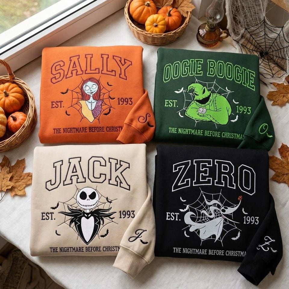 Embroidered Nightmare Before Christmas Characters Sweatshirt, Vintage Magical Land Halloween Shirt, Matching Family Crewneck