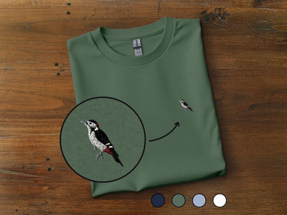 Spotted Woodpecker Embroidered T-Shirt: Unisex Cotton Crewneck, Minimalist Bird Tee
